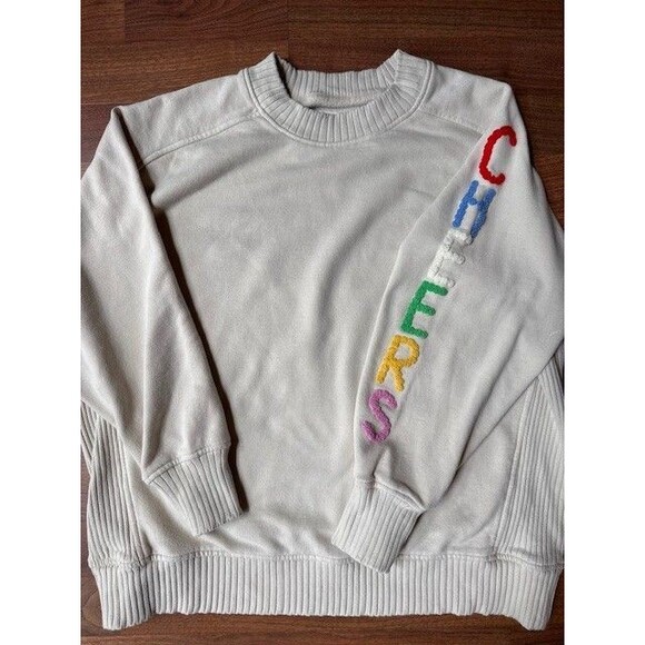 Aerie Down To Earth "CHEERS" Oversized Fleece Crew Sweatshirt Soft Oat SML EUC - Picture 2 of 7